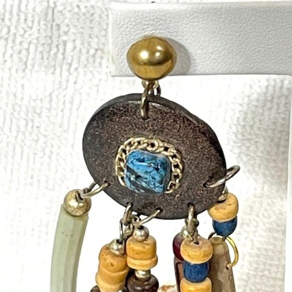 Wooden bead and shell statement earrings. - Picture 3 of 9